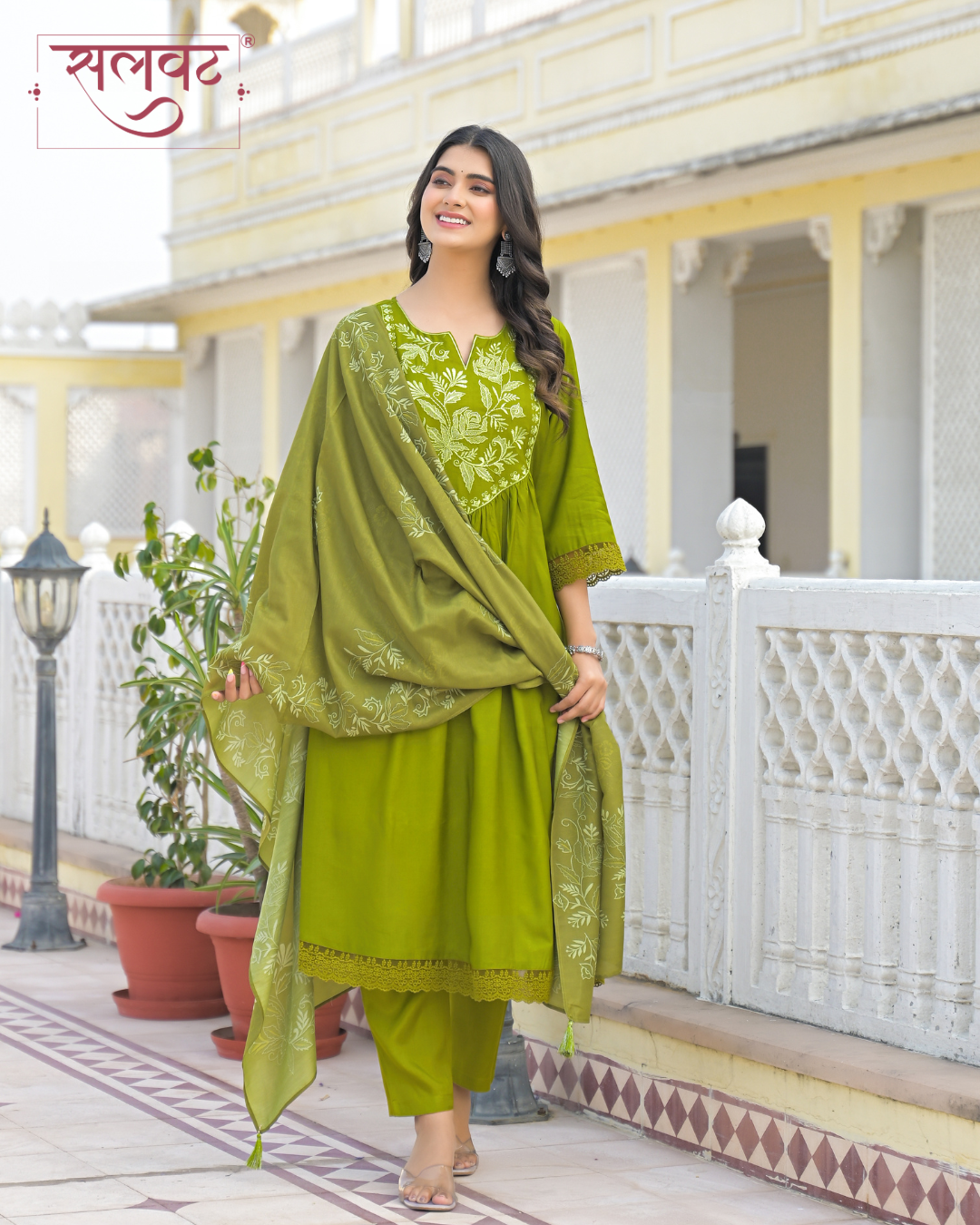 Henna Green Muslin Thread & Zari Embroidered Kurta Set With Printed Dupatta