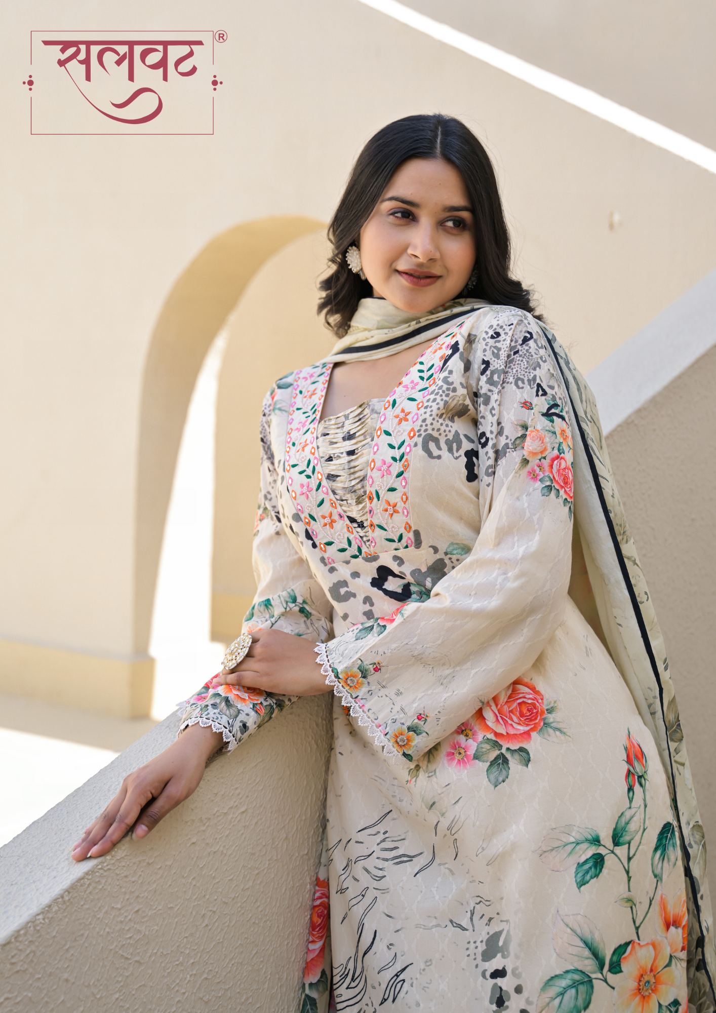 Cream Floral Printed Handwork Kurta Set With Printed Dupatta