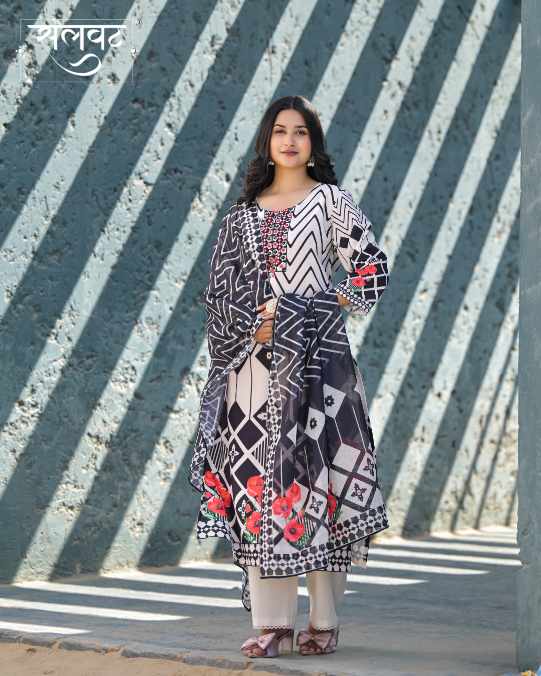 Light Cream & Black Heavy Handwork Kurta Set With Printed Dupatta