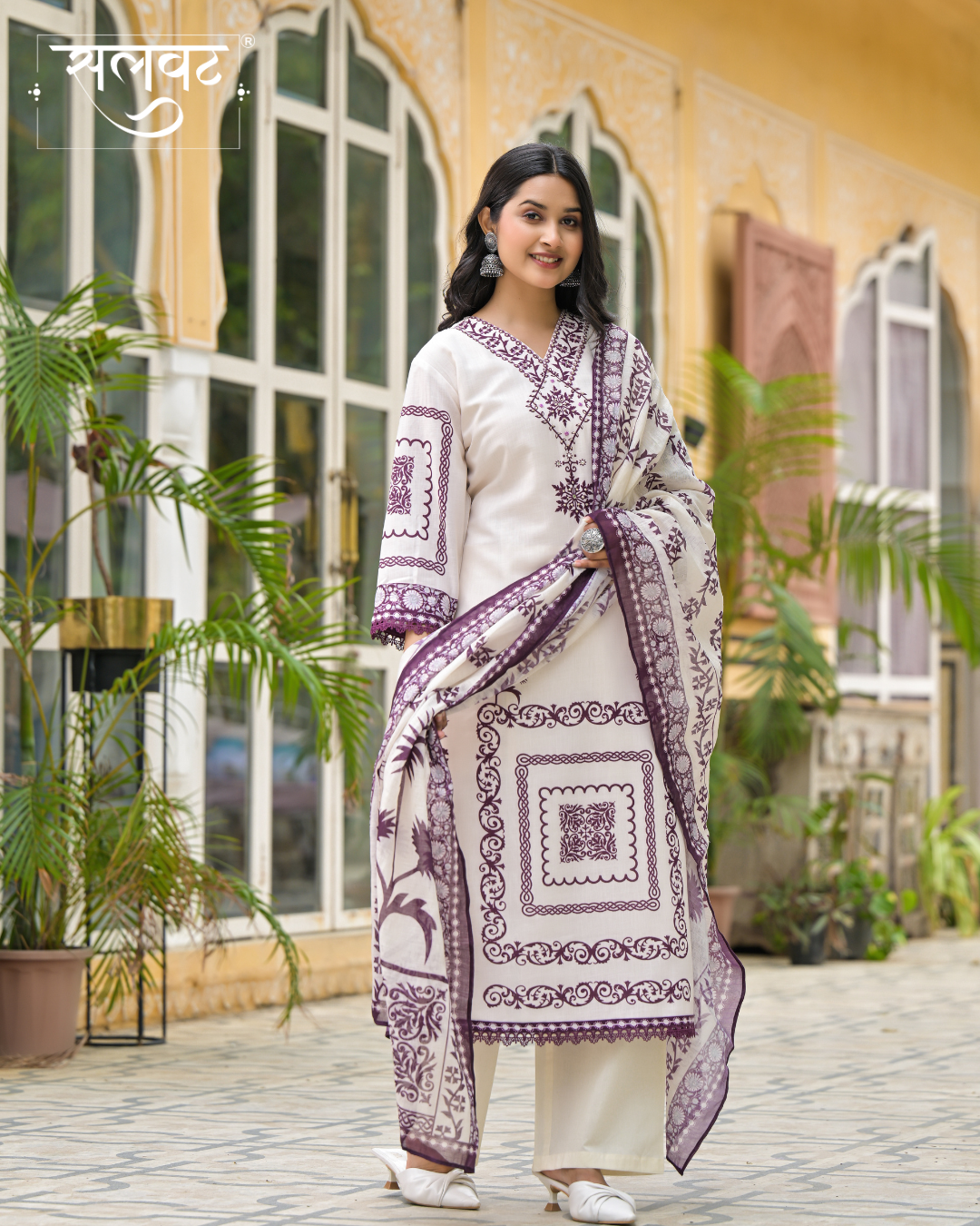 Cream & Wine Heavy Handwork Kurta Set With Printed Dupatta