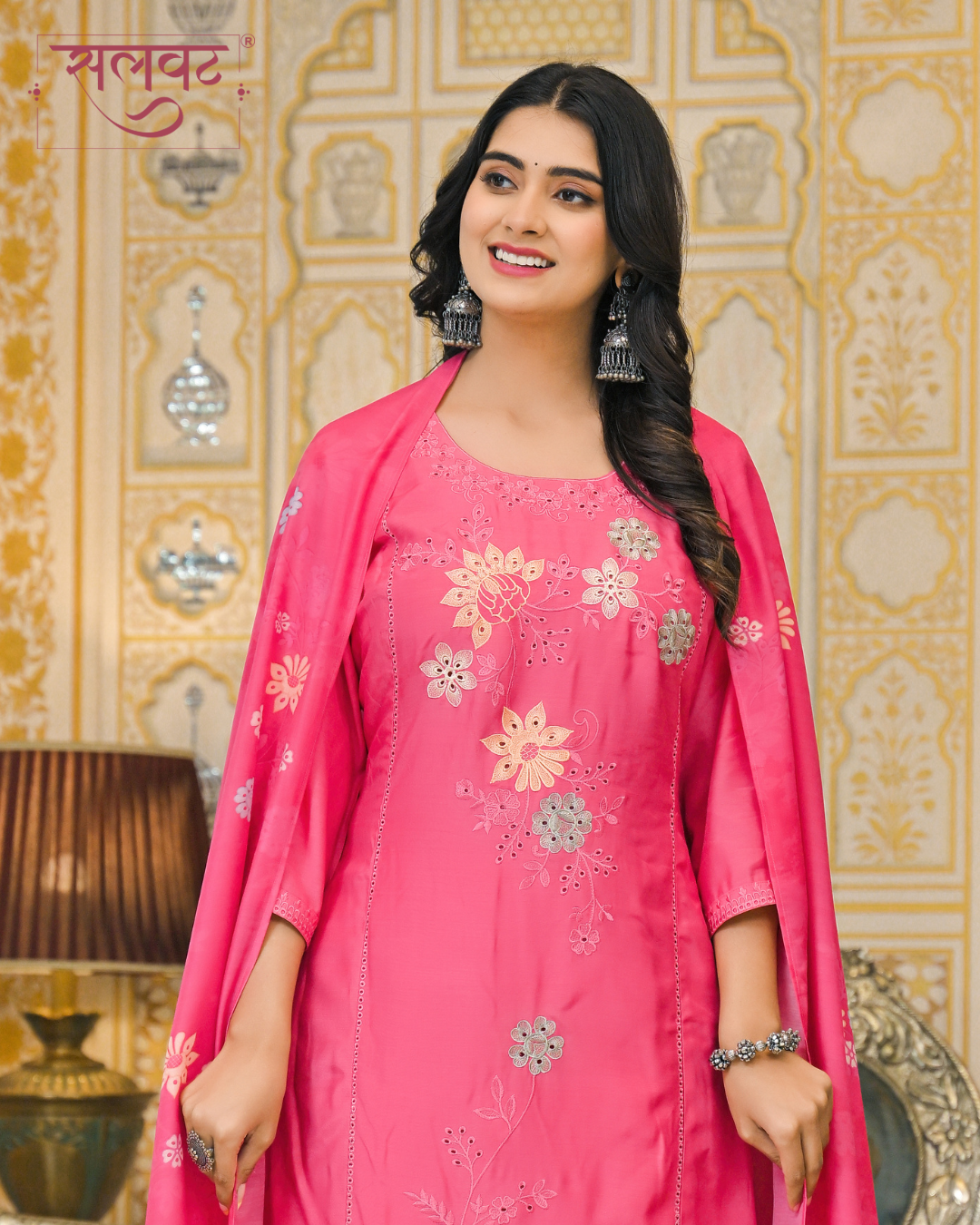 Carnation Blush Embroidered Kurta set with Printed Dupatta