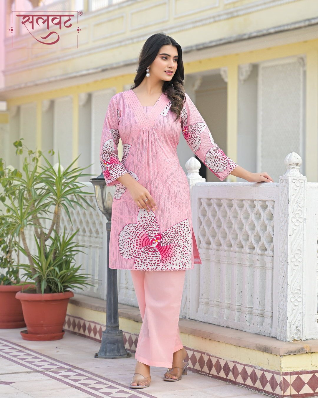 Pale Pink & White Pure Cotton Abstract Printed Handwork Kurta Set