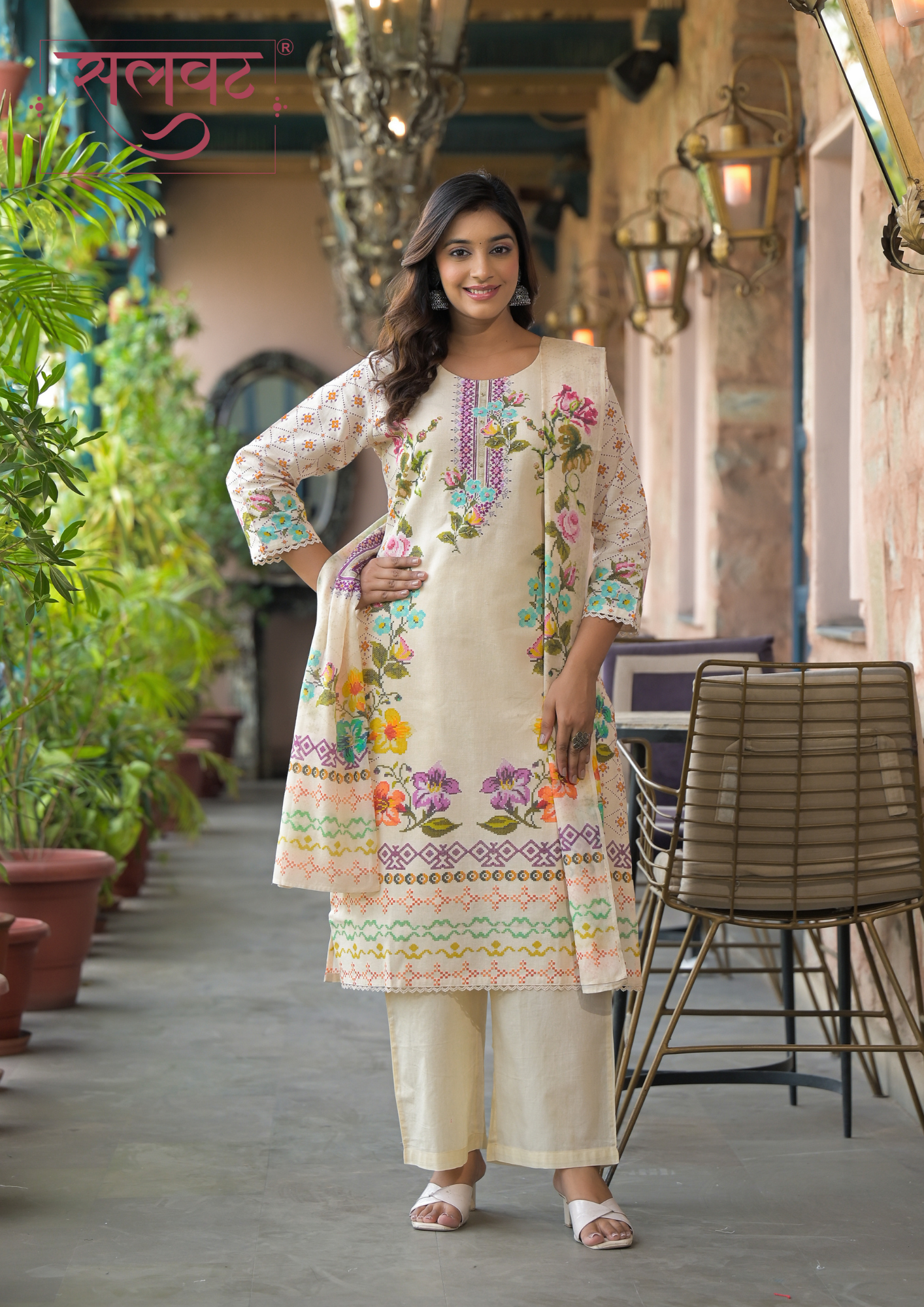 Light Beige Printed Handwork Kurta Set With Printed Dupatta