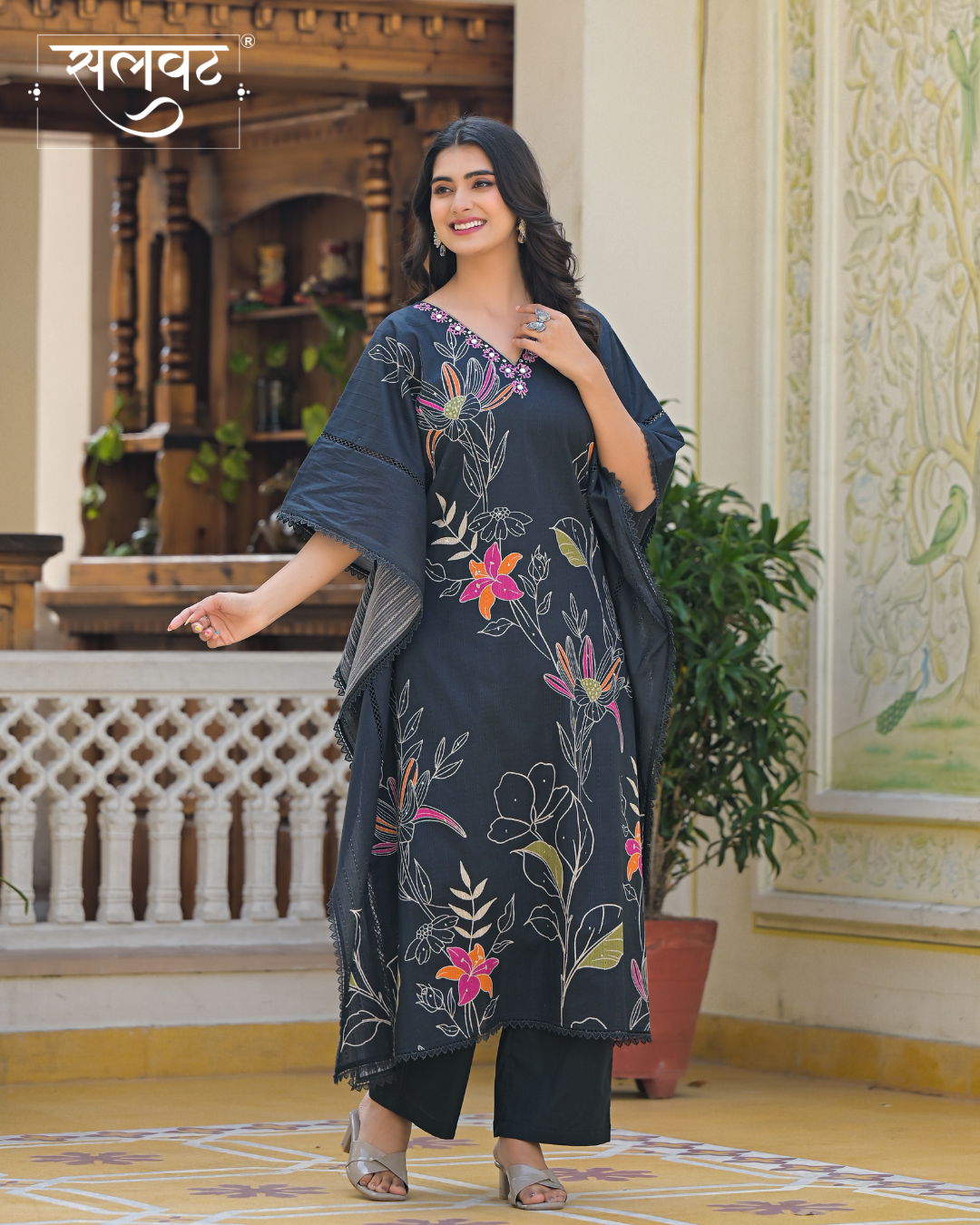 Charcoal Black Abstract Printed Handwork Kaftan Set