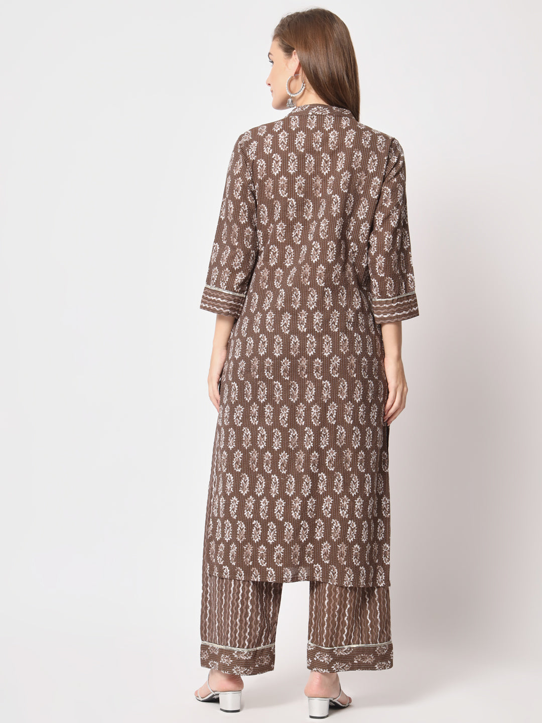 Brown Printed Cotton Kurta Set