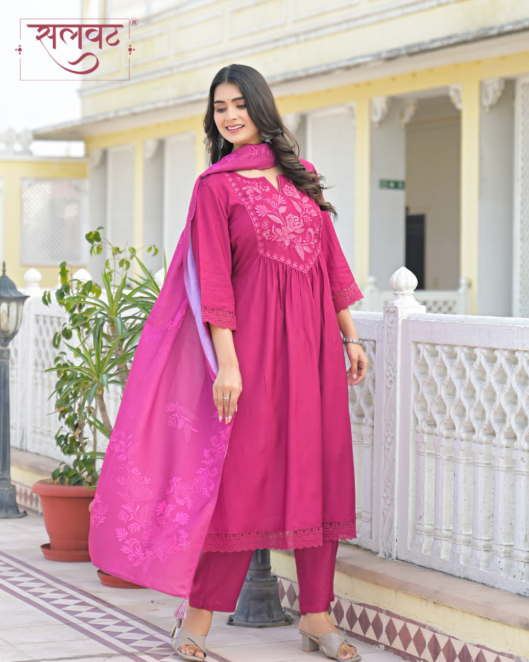 Ruby Garnet Wine Thread & Zari Embroidered Kurta Set With Printed Dupatta