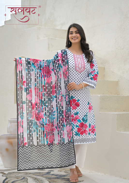 White & Black Polka Dots Printed Handwork Kurta Set With Printed Dupatta