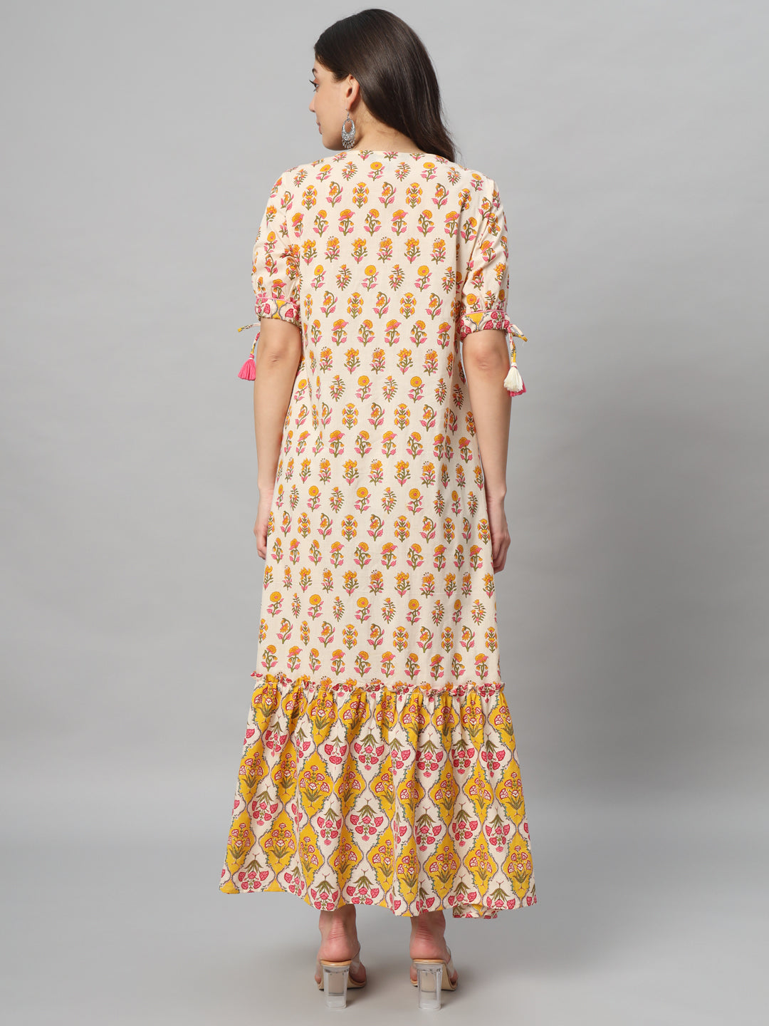 Yellow and Cream Printed Maxi Dress with Tassel Sleeves