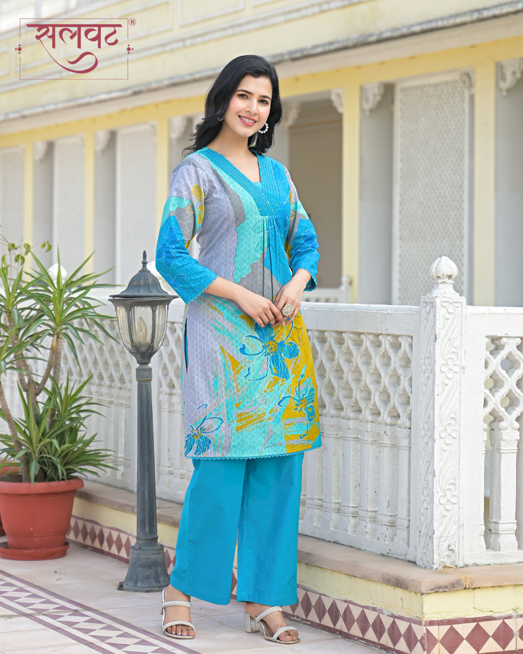 Bright Blue Abstract Printed Handwork Kurta Set