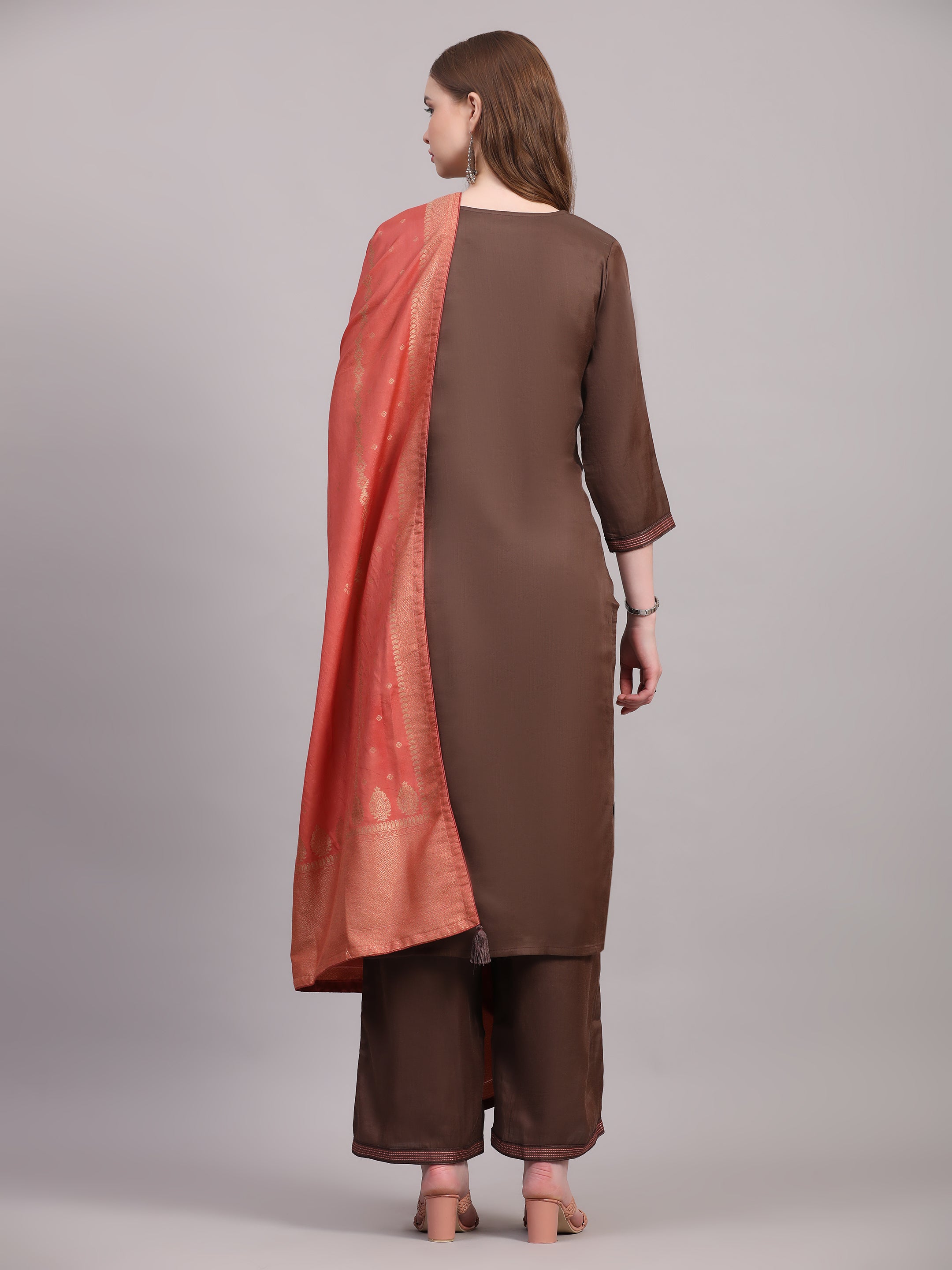 Brown Zari Embroidered Suit Set with Dola Silk Dupatta