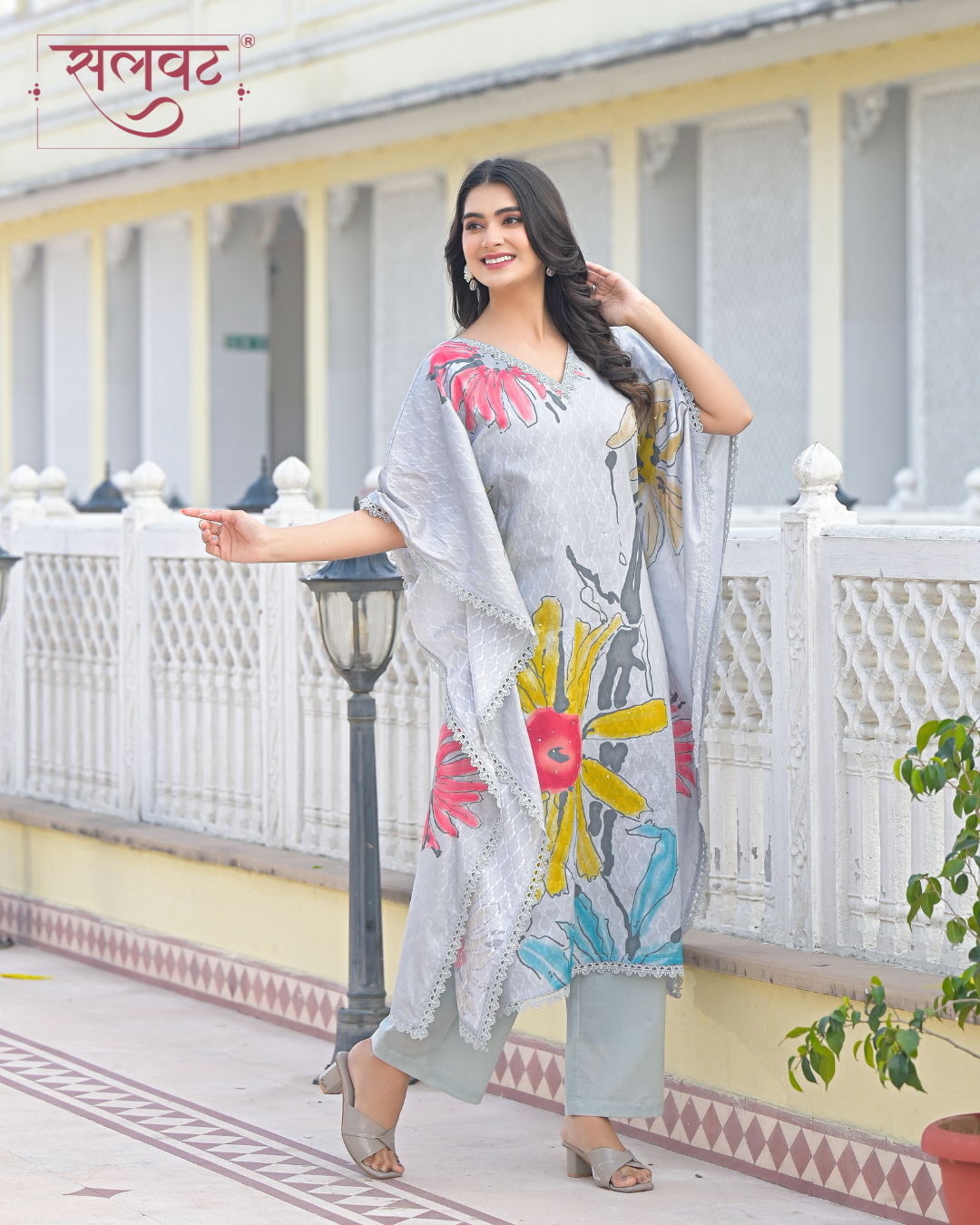 Slate Grey Abstract Printed Handwork Kaftan Set