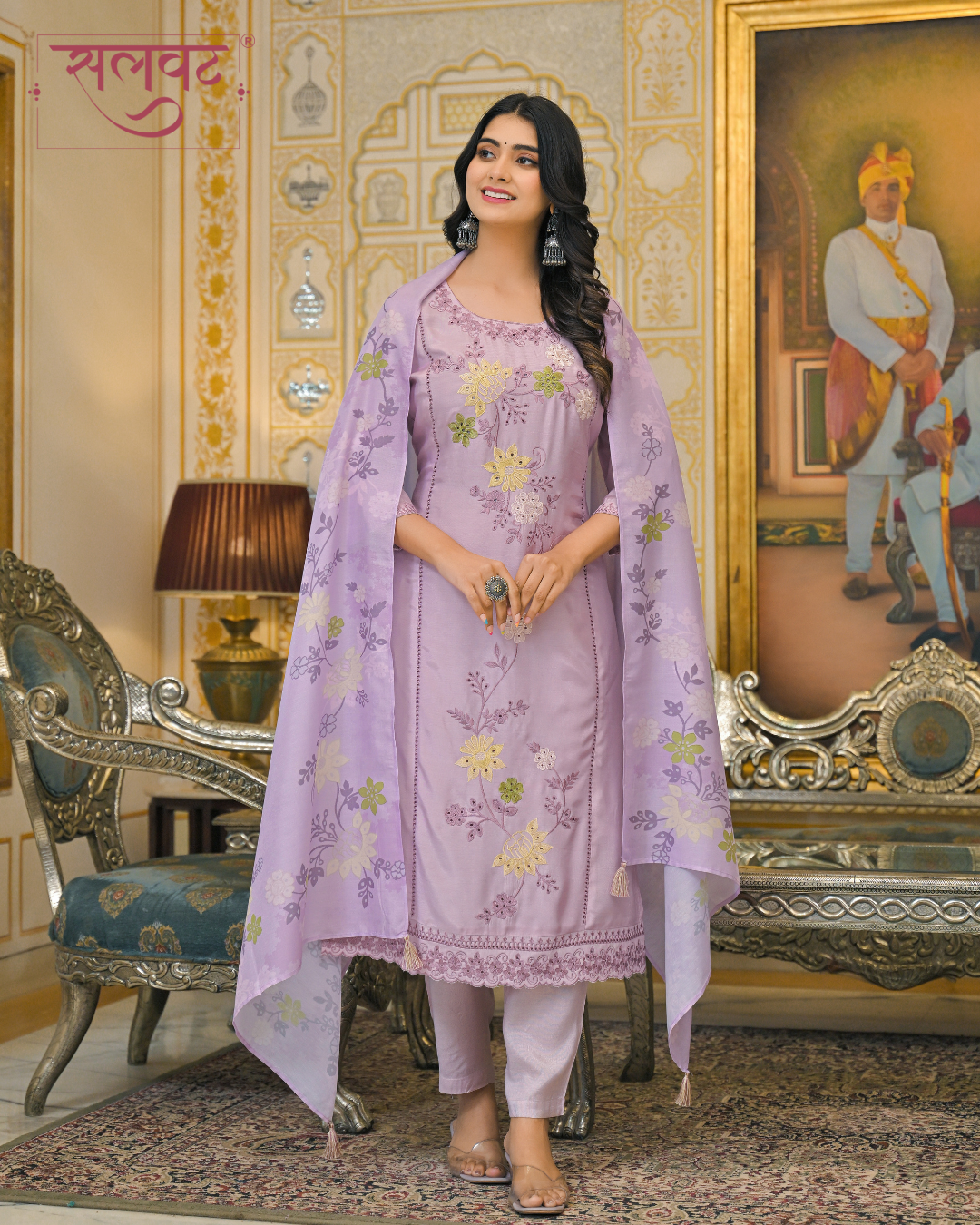 Periwinkle Lilac Embroidered Kurta Set With Printed Dupatta