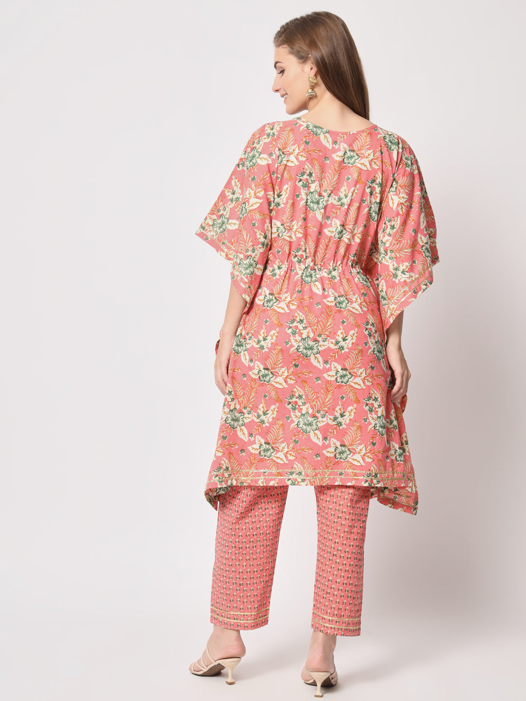 Peach printed pure cotton kaftan set.