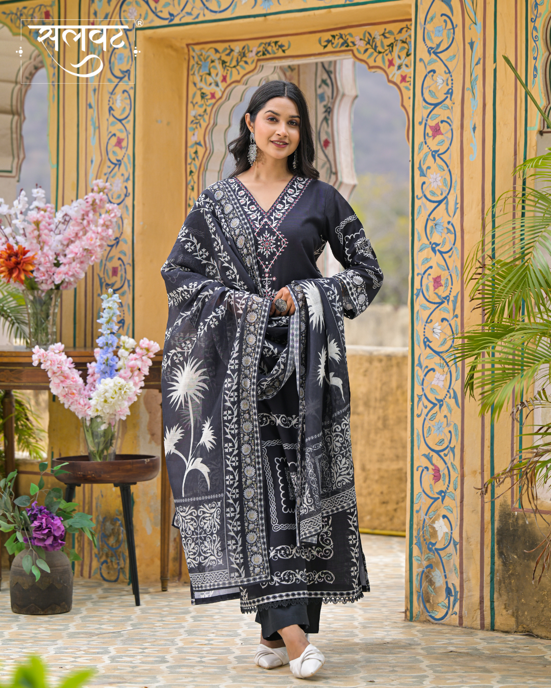 Charcoal Black & Cream Heavy Hnadwork Kurta Set With Printed Dupatta