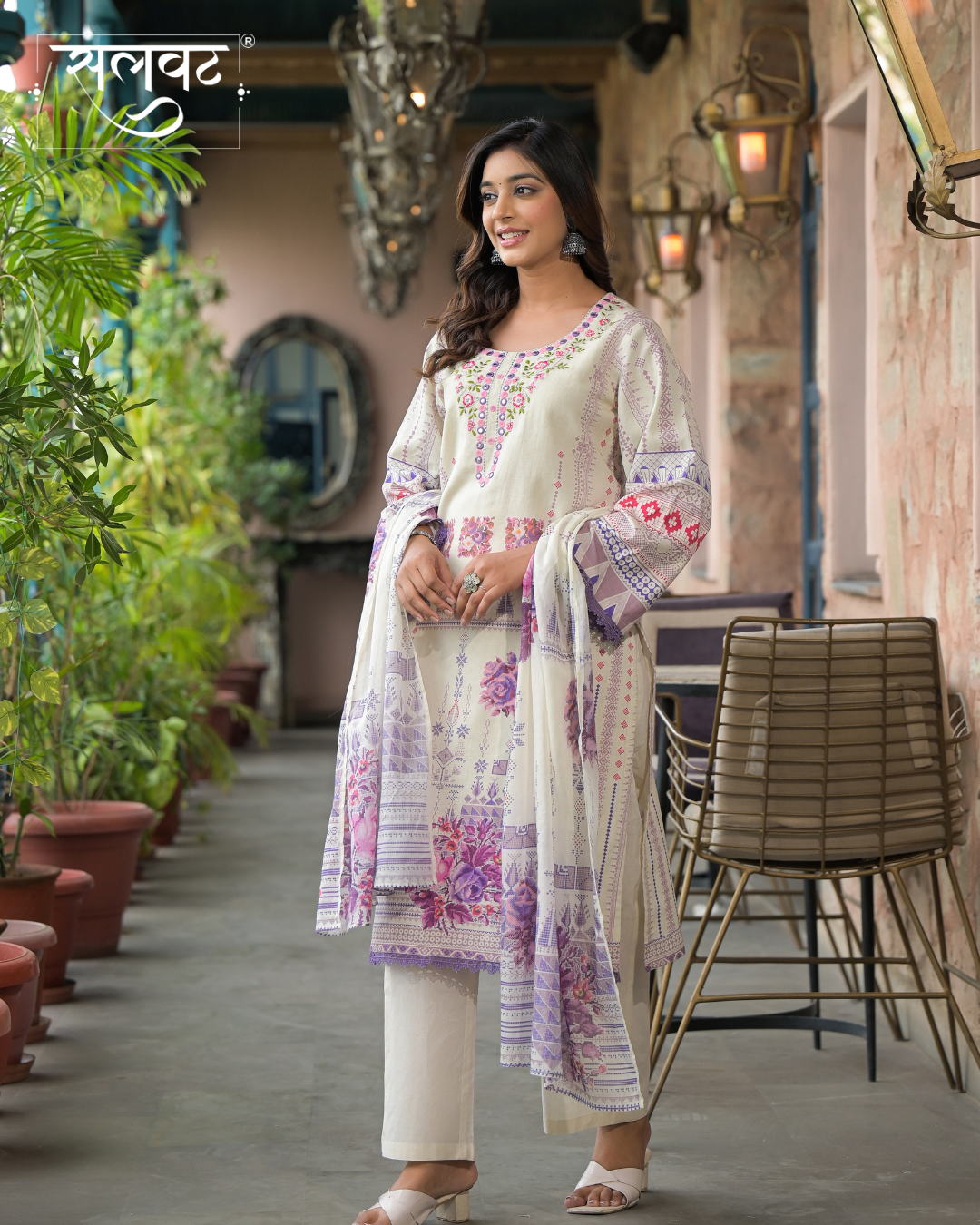 Light Cream Printed Handwork Kurta Set With Printed Dupatta