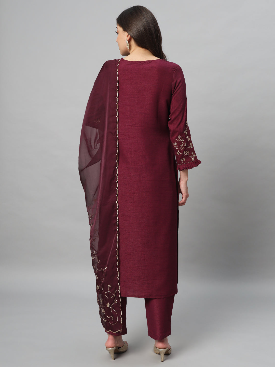 Wine Embroidery Viscose Kurta Sets