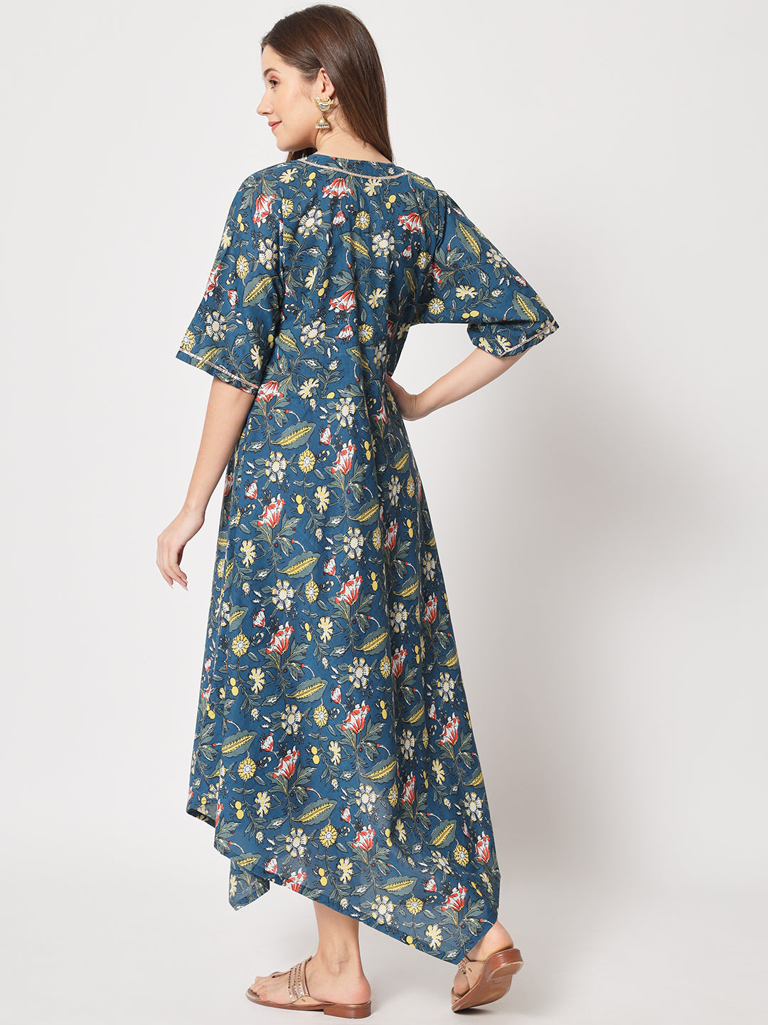 Blue Cotton Printed Midi Dress