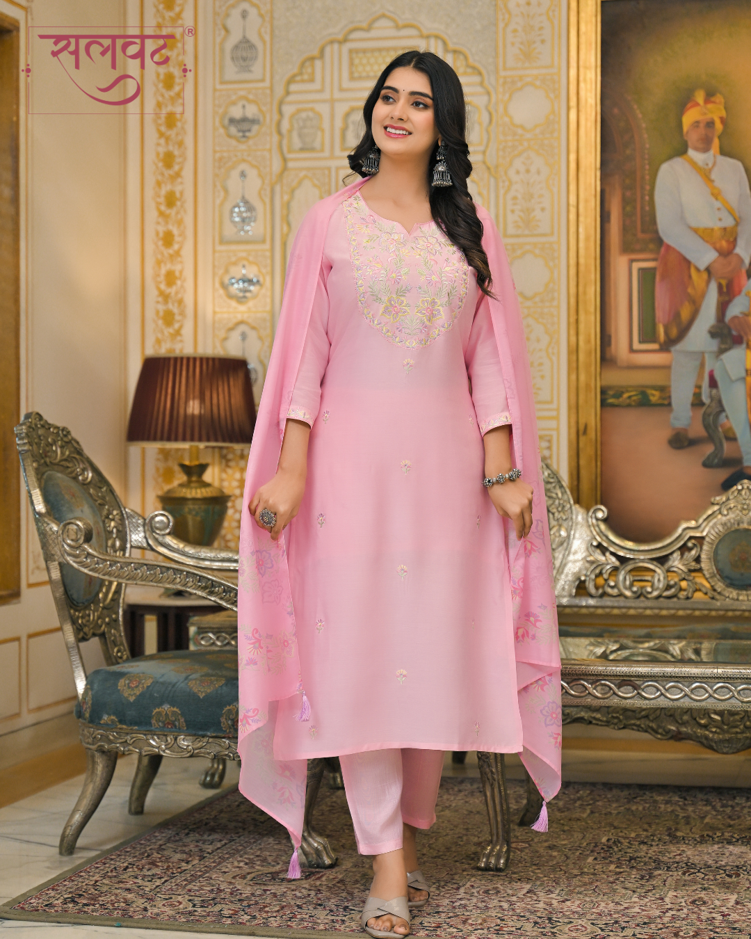 Rose Quartz Embroidered Kurta Set With Printed Dupatta