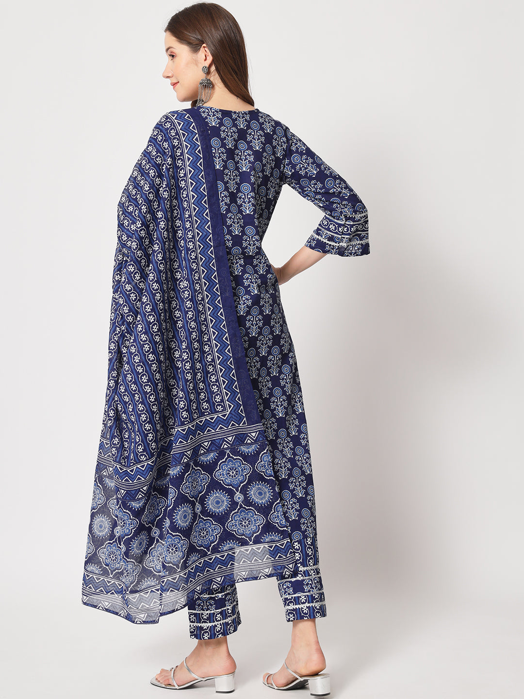 Navy blue printed cotton kurta set with dupatta.