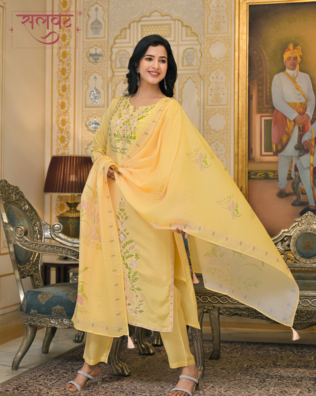 Bright Citrus Yellow Muslin Thread Embroidered Kurta Set With Printed Dupatta