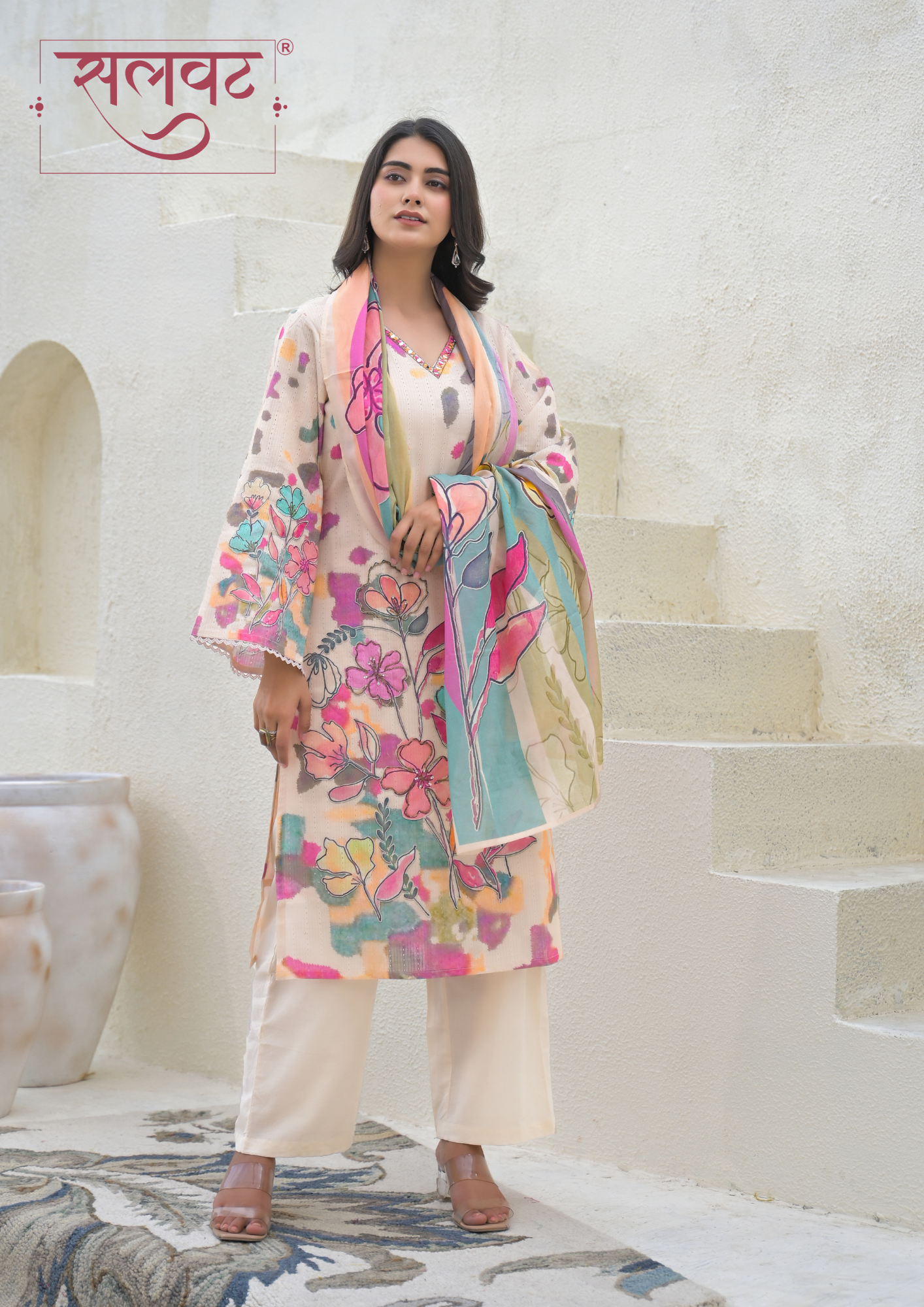 Camel Beige Colorful Floral Printed Kurta Set With Dupatta