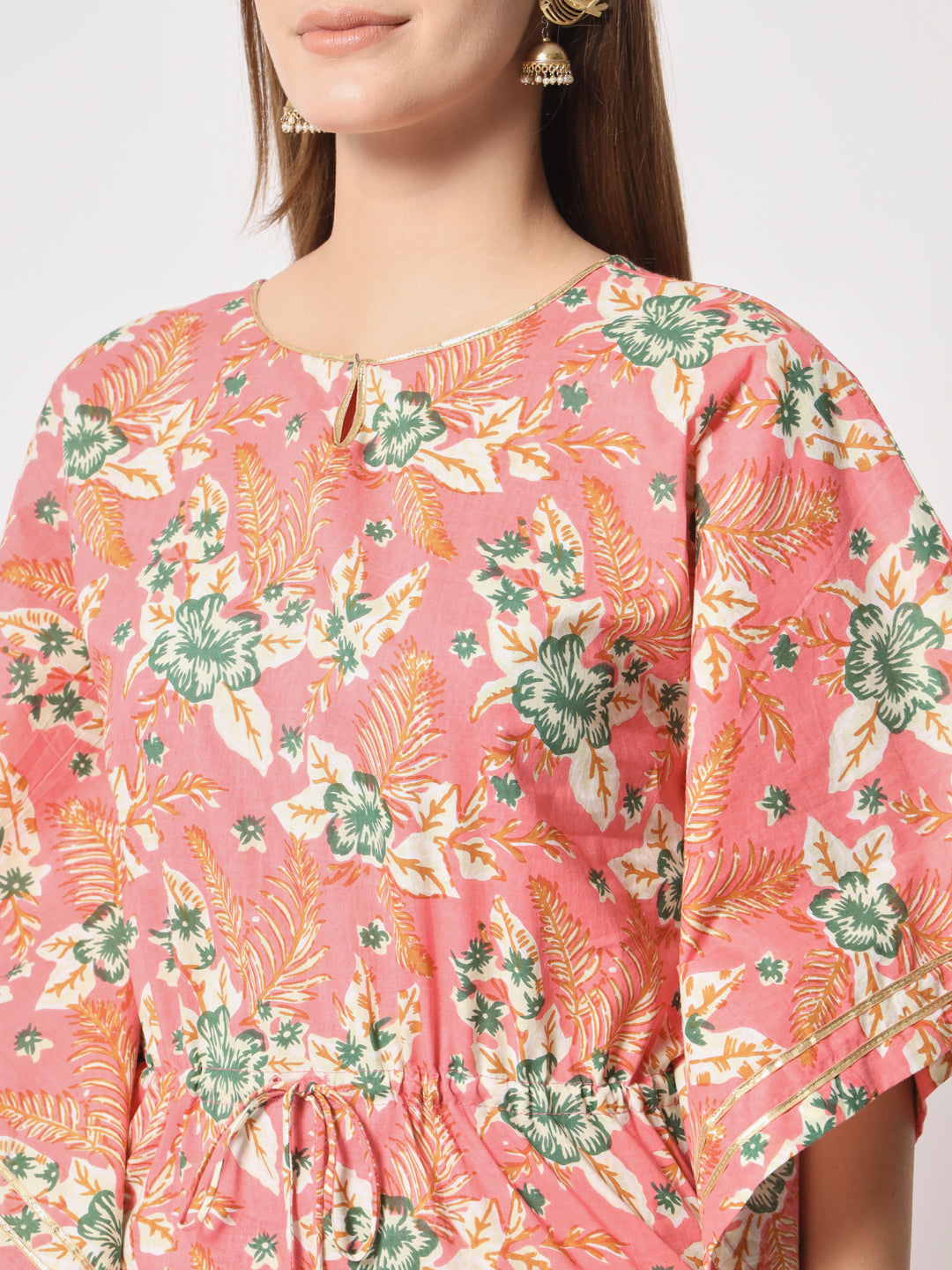 Peach printed pure cotton kaftan set.
