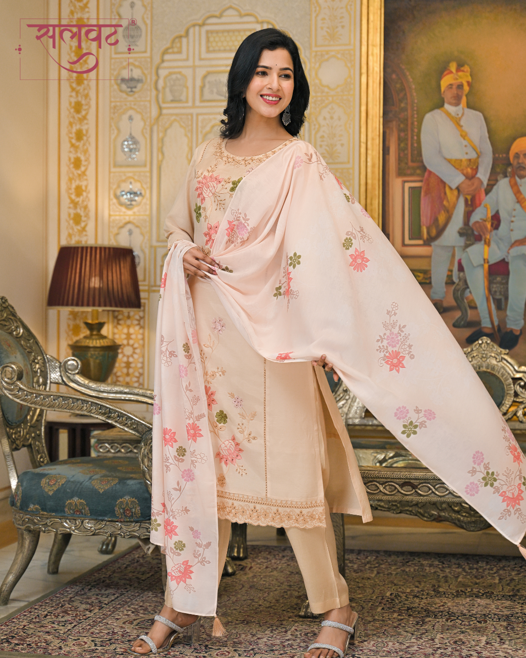 Light Caramel Embroidered Kurta Set With Printed Dupatta