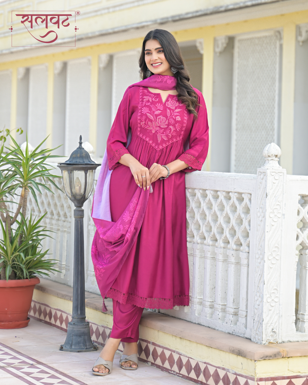 Ruby Garnet Wine Thread & Zari Embroidered Kurta Set With Printed Dupatta