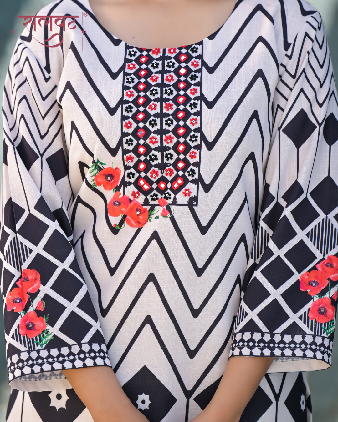 Light Cream & Black Heavy Handwork Kurta Set With Printed Dupatta