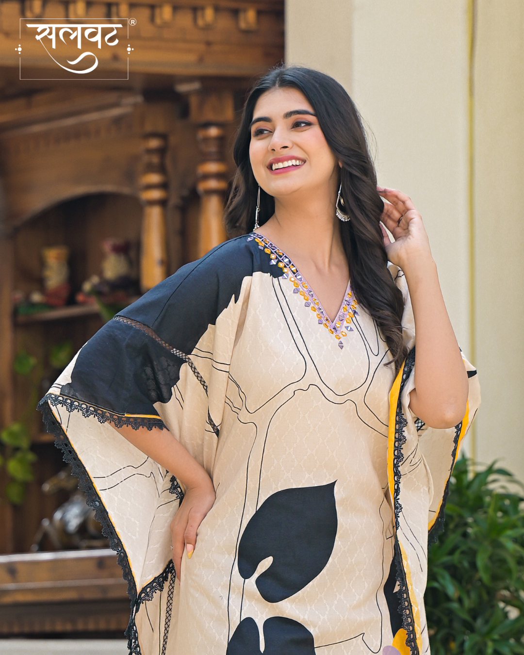 Light Beige Abstract Printed Handwork Kaftan Set