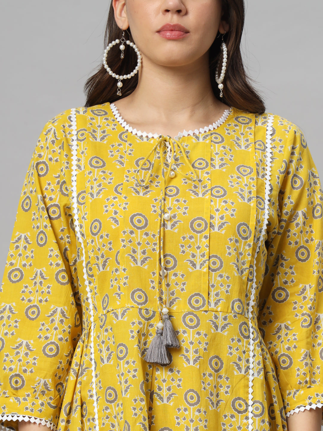 Yellow Cotton Printed Cotton Short Dress