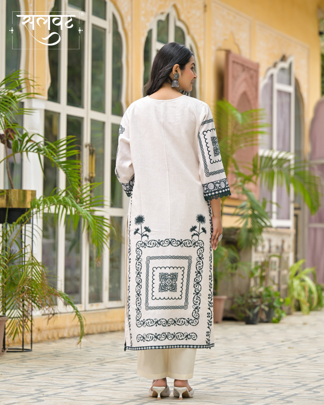 Cream & Green Heavy Handwork Kurta Set With Printed Dupatta