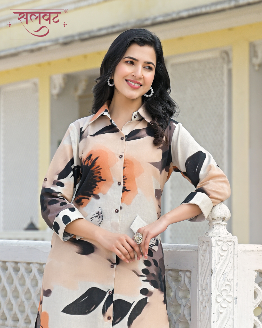 Beige & Brown Pure Cotton Abstract Printed Kurta Set