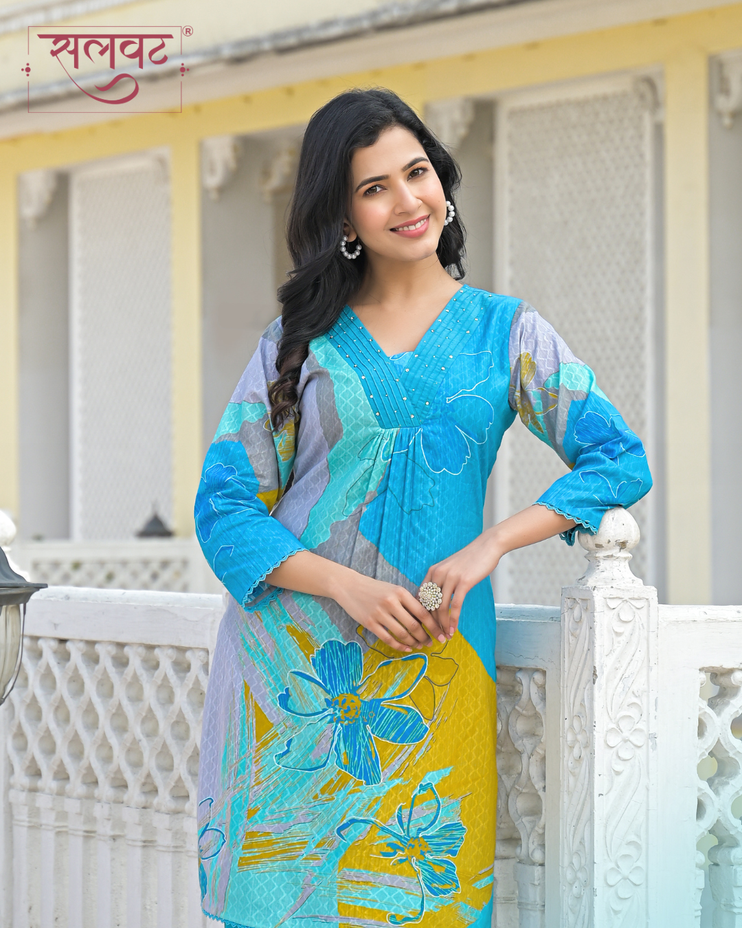 Bright Blue Abstract Printed Handwork Kurta Set