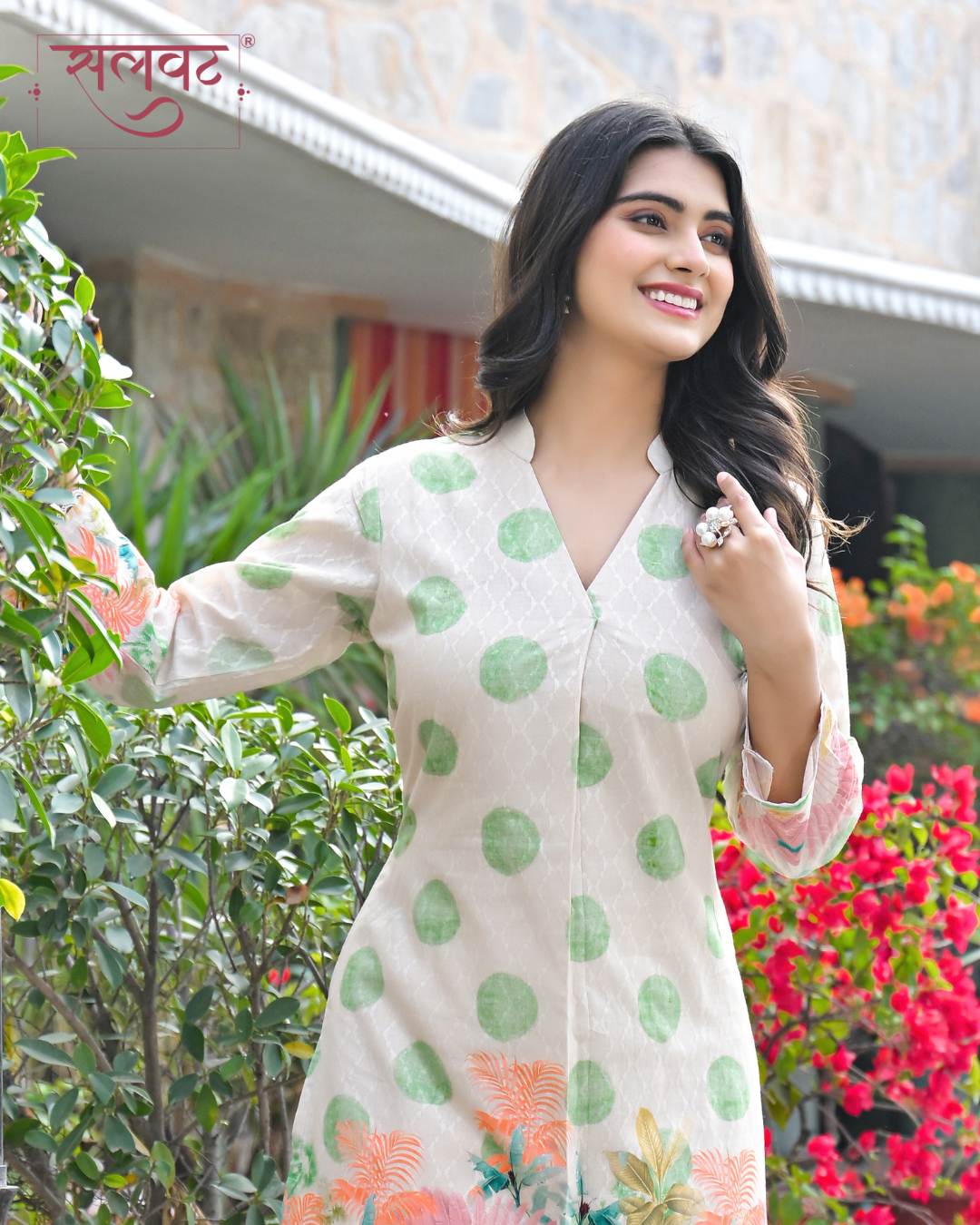 Green Polka & Abstract Flowers Printed Beige Kurta Set