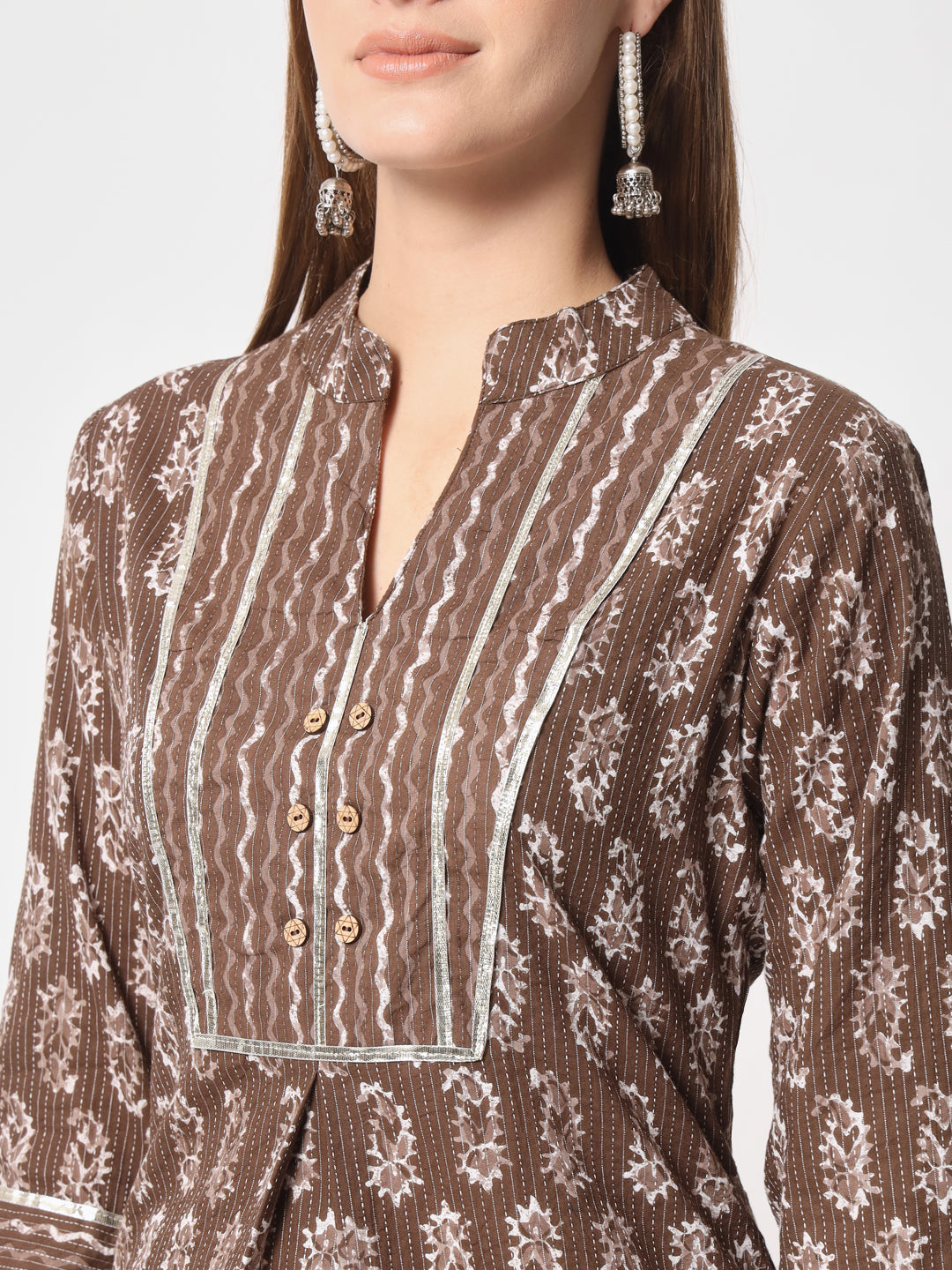 Brown Printed Cotton Kurta Set
