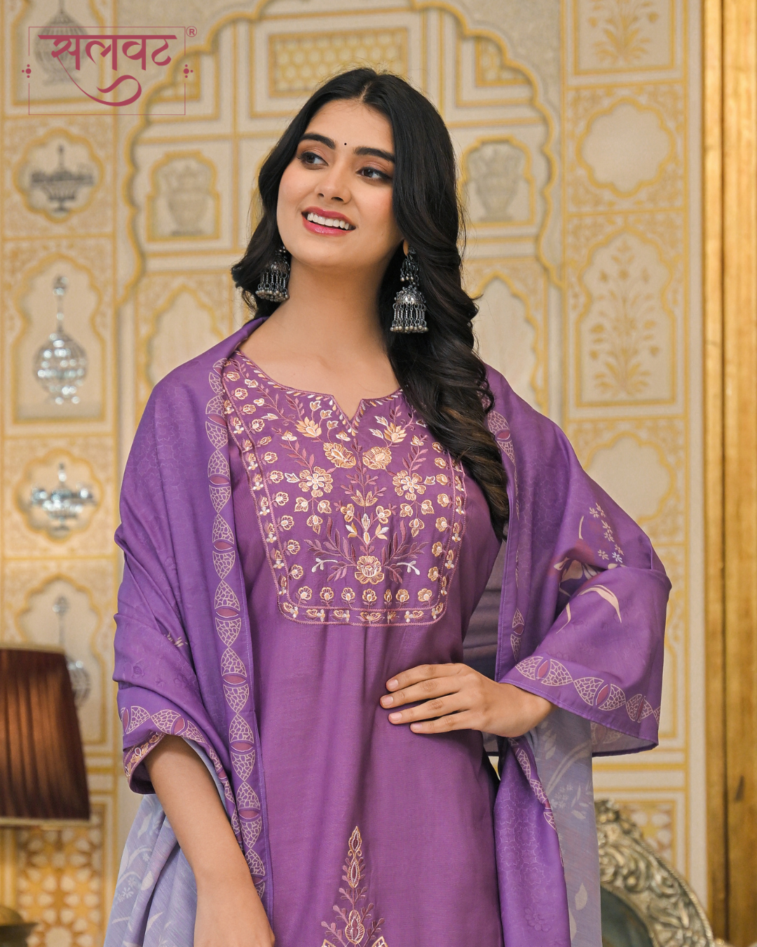 Plum Purple Muslin Thread Embroidered Kurta Set With Dupatta