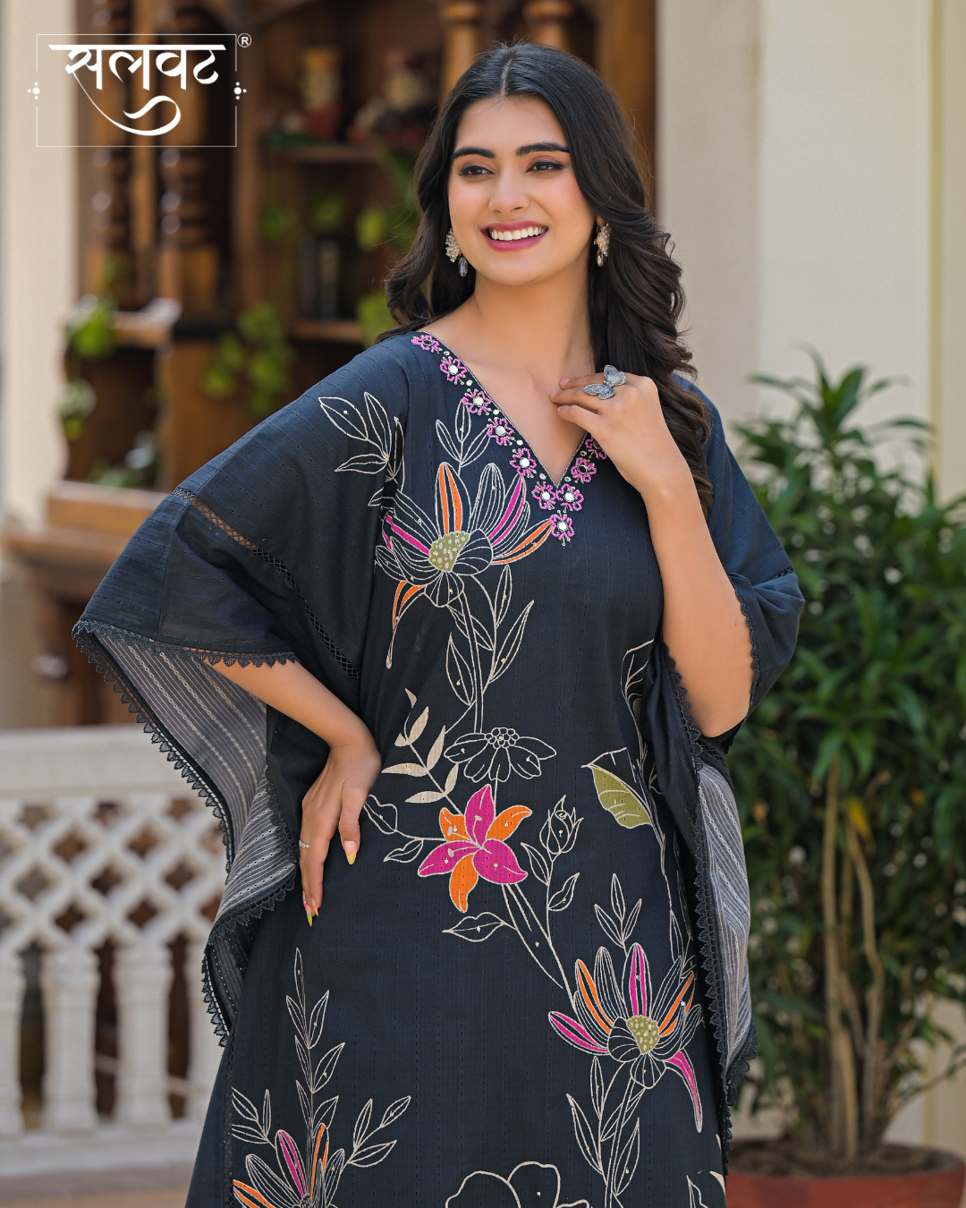Charcoal Black Abstract Printed Handwork Kaftan Set