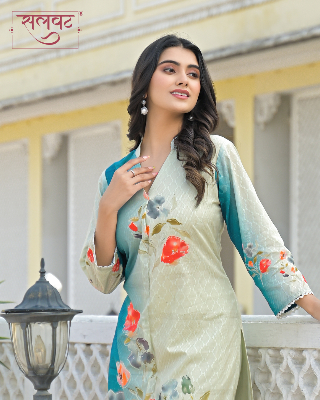 Cream & Turquoise Abstract Printed Kurta Set