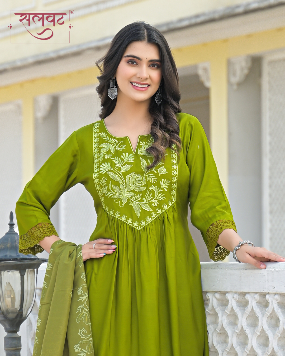 Henna Green Muslin Thread & Zari Embroidered Kurta Set With Printed Dupatta
