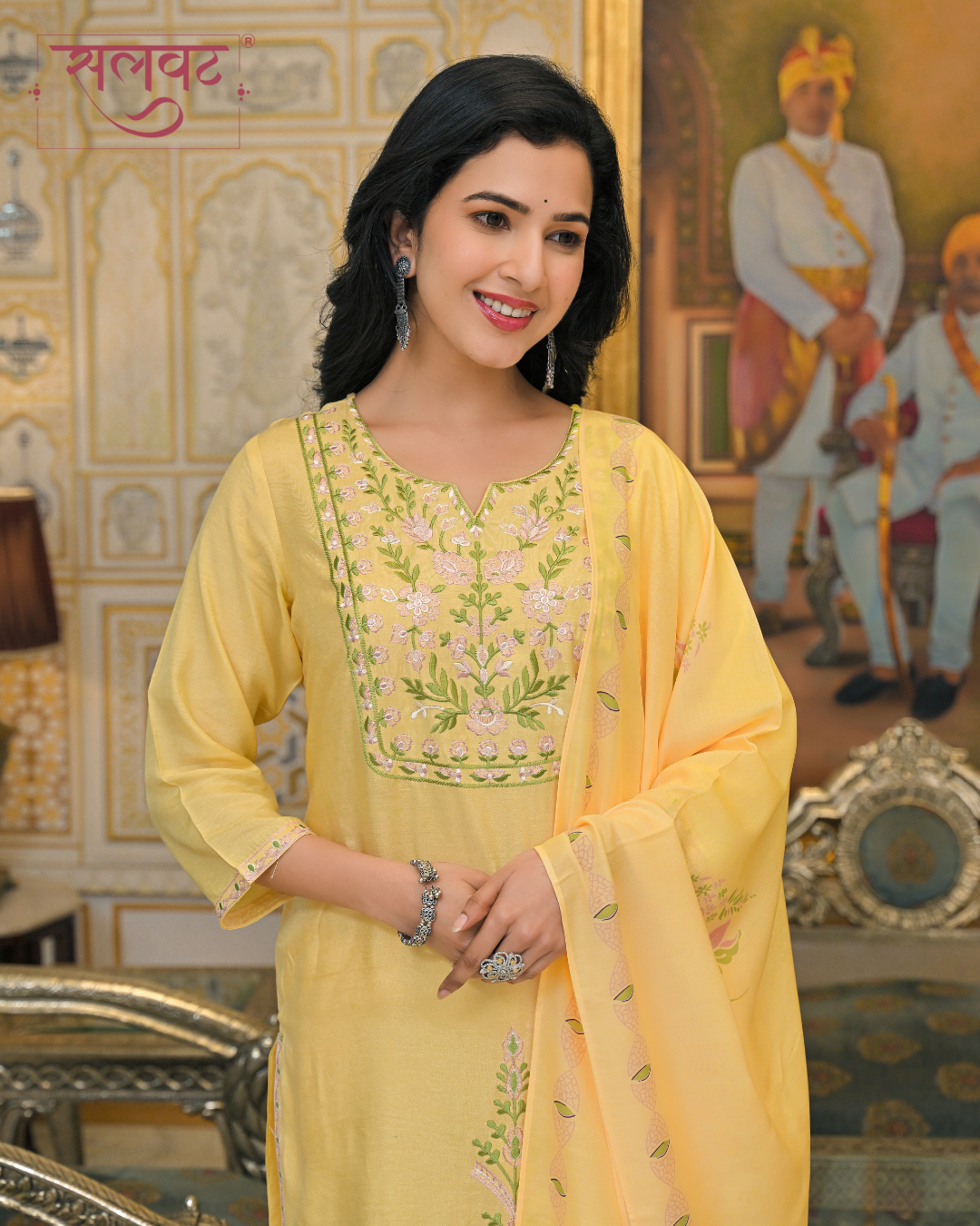 Bright Citrus Yellow Muslin Thread Embroidered Kurta Set With Printed Dupatta