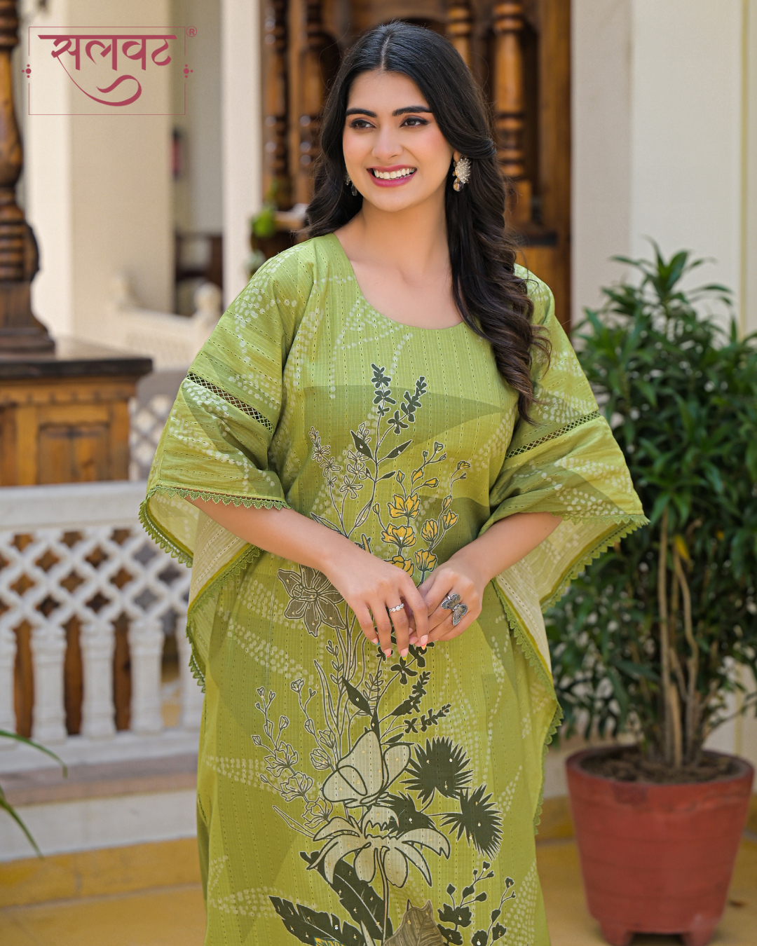 Green Printed Sequins Embellished Kaftan Set