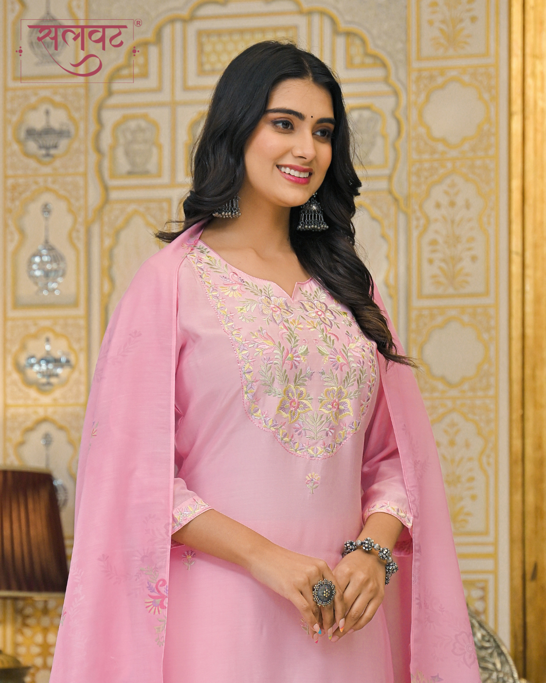 Rose Quartz Embroidered Kurta Set With Printed Dupatta