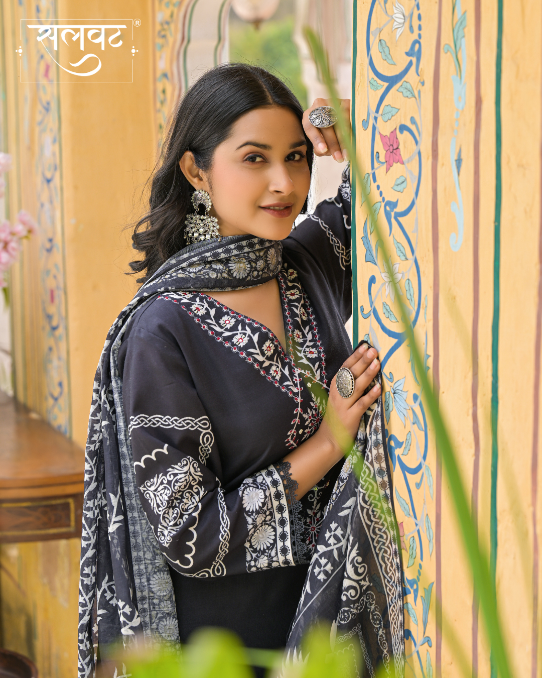 Charcoal Black & Cream Heavy Hnadwork Kurta Set With Printed Dupatta