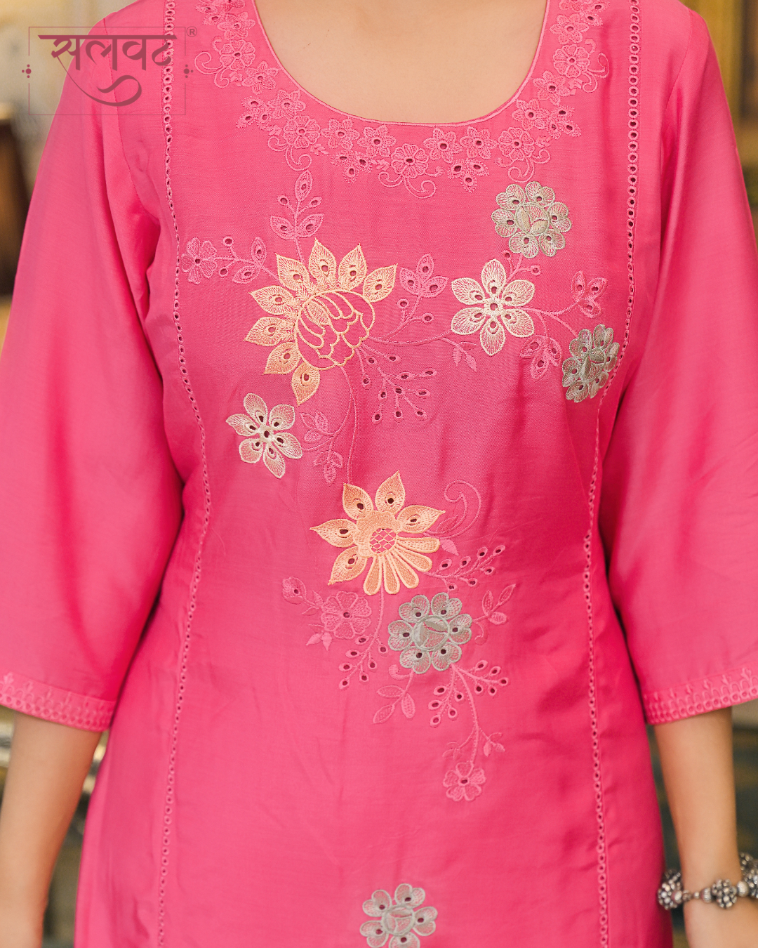 Carnation Blush Embroidered Kurta set with Printed Dupatta