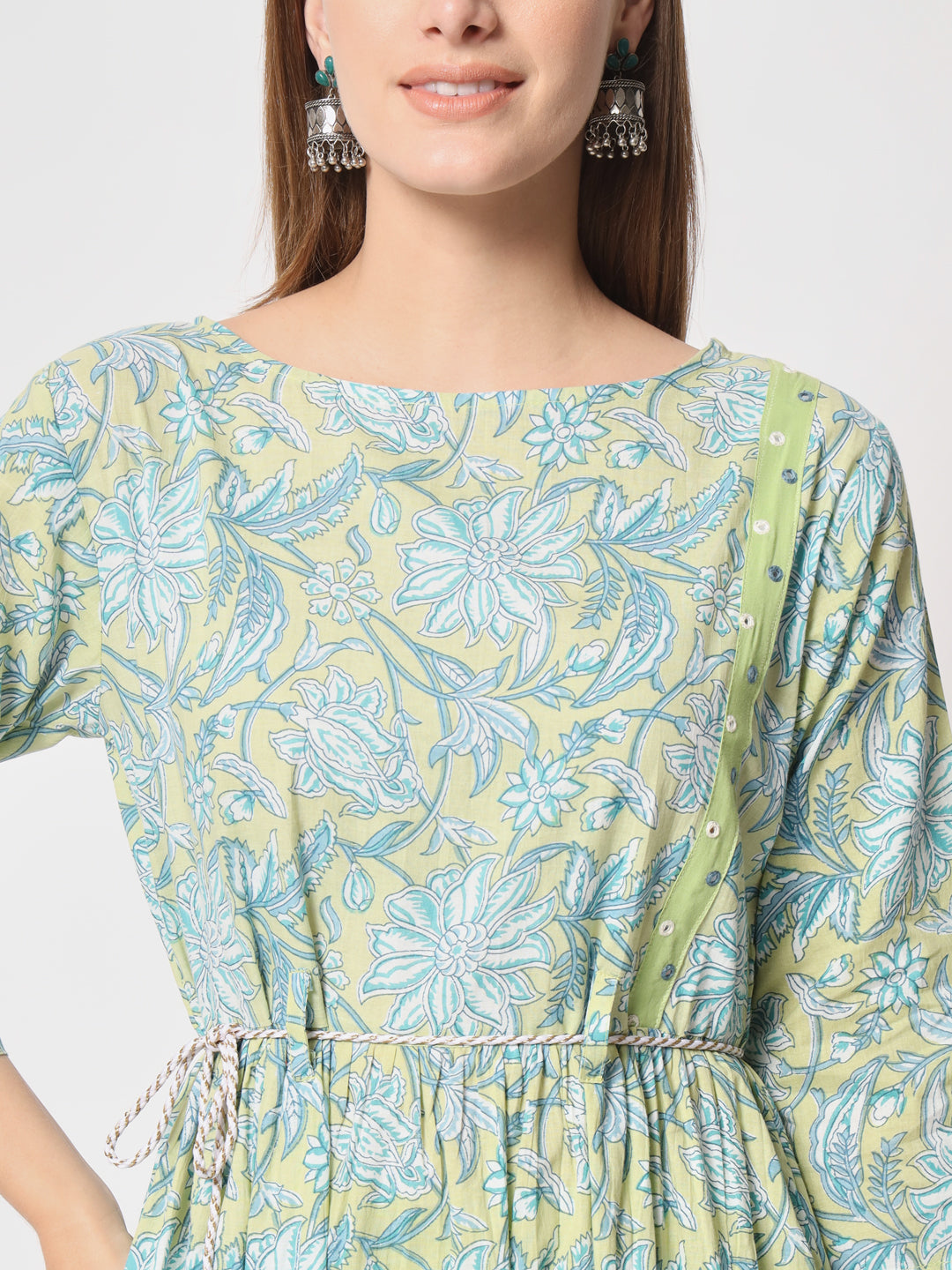 Easy, breezy and beautifully tailored- Green and blue printed kurta set with rope belt for everyday wear.
