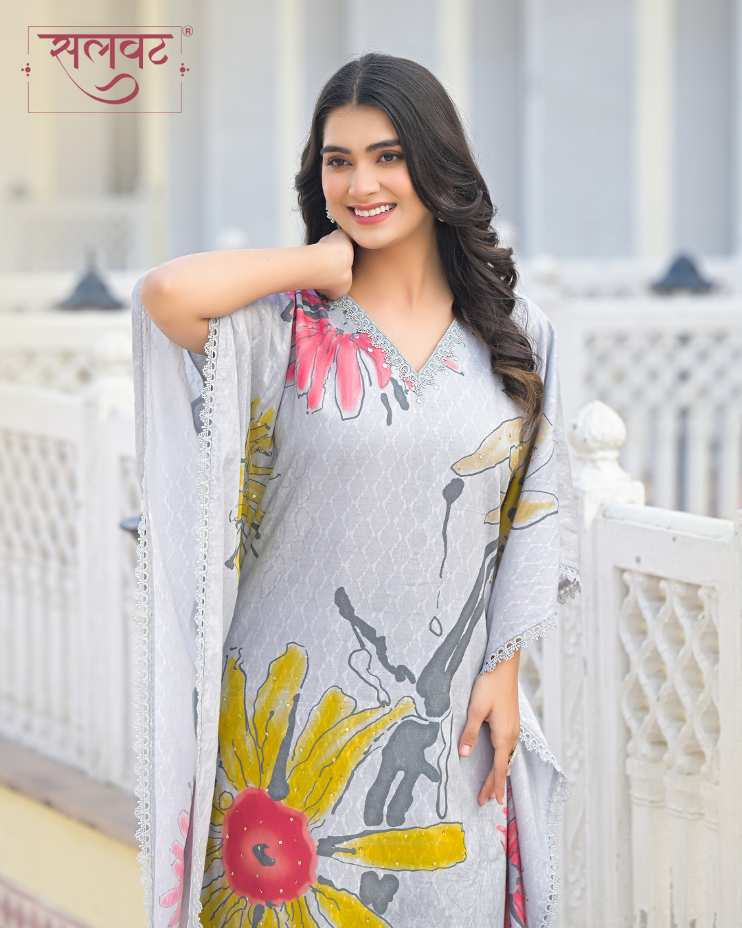 Slate Grey Abstract Printed Handwork Kaftan Set