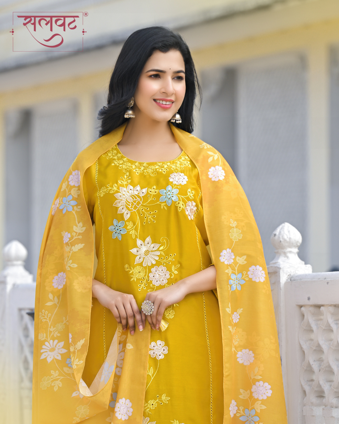 Amber Mustard Embroidered Kurta Set With Printed Dupatta