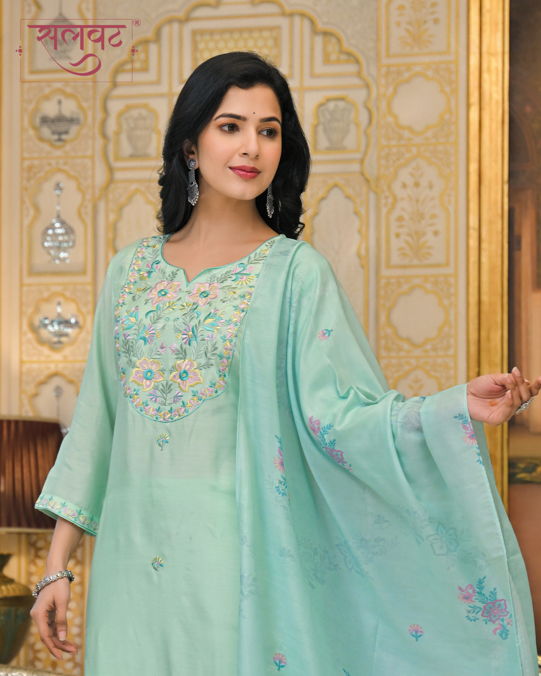 Seafoam Green Embroidered Kurta Set With Printed Dupatta