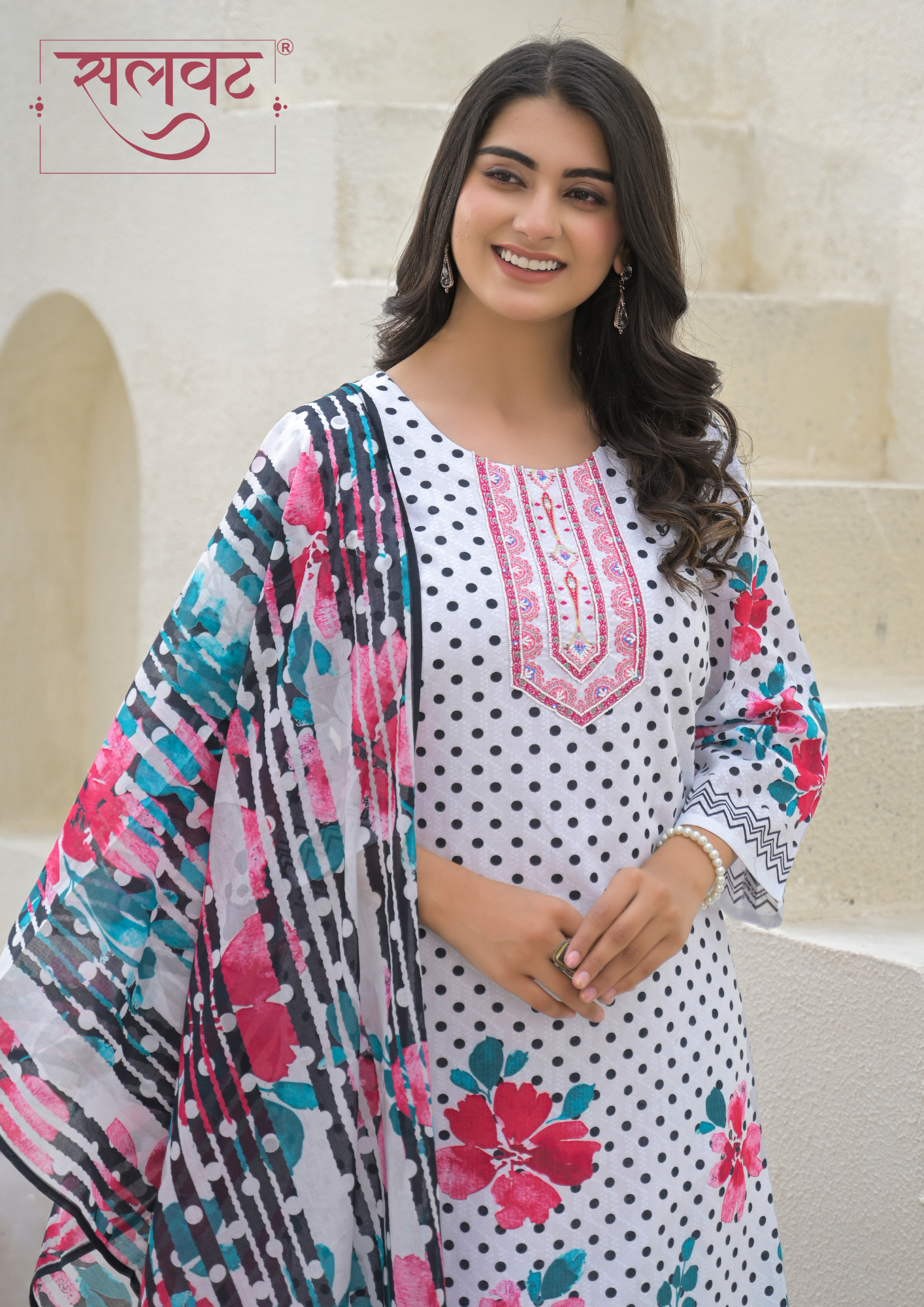 White & Black Polka Dots Printed Handwork Kurta Set With Printed Dupatta